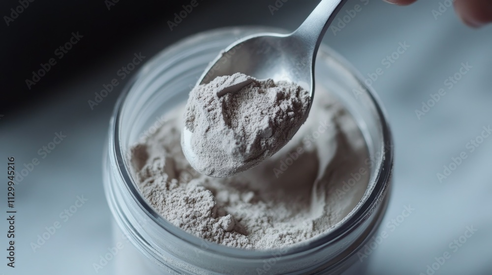 A close-up view of protein powder scooped in a spoon above a jar, highlighting the texture of the powder. Great for health, fitness, and dietary supplement-related projects.. AI Generation A close-up view of protein powder scooped in a spoon above a jar, highlighting the texture of the powder. Great for health, fitness, and dietary supplement-related projects.. AI Generation