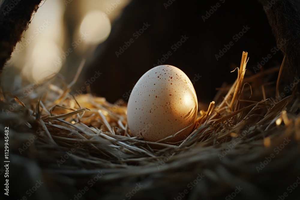 Single Egg Resting on Nest of Straw in Soft Morning Light Single Egg Resting on Nest of Straw in Soft Morning Light
