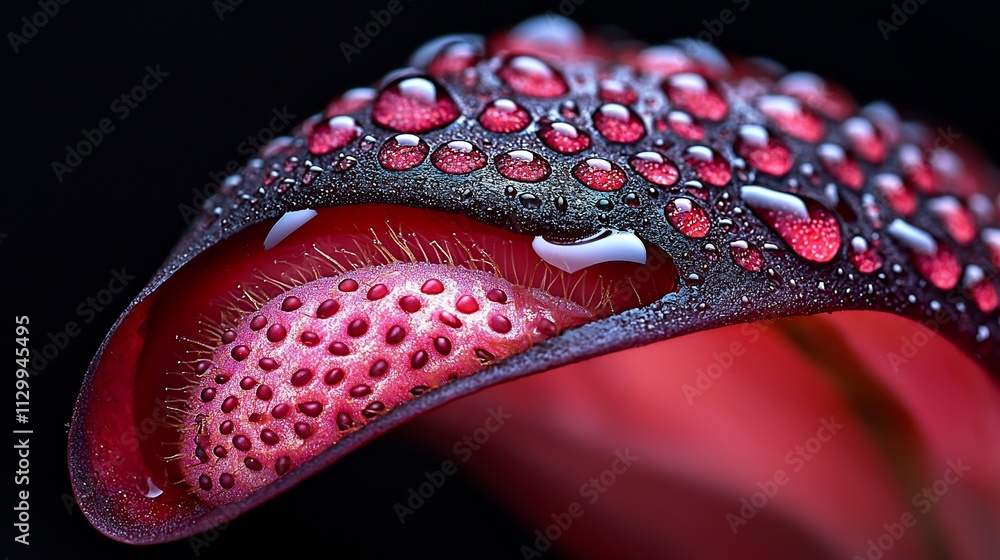 Dew drops on a dark red flower petal, close-up. Dew drops on a dark red flower petal, close-up.