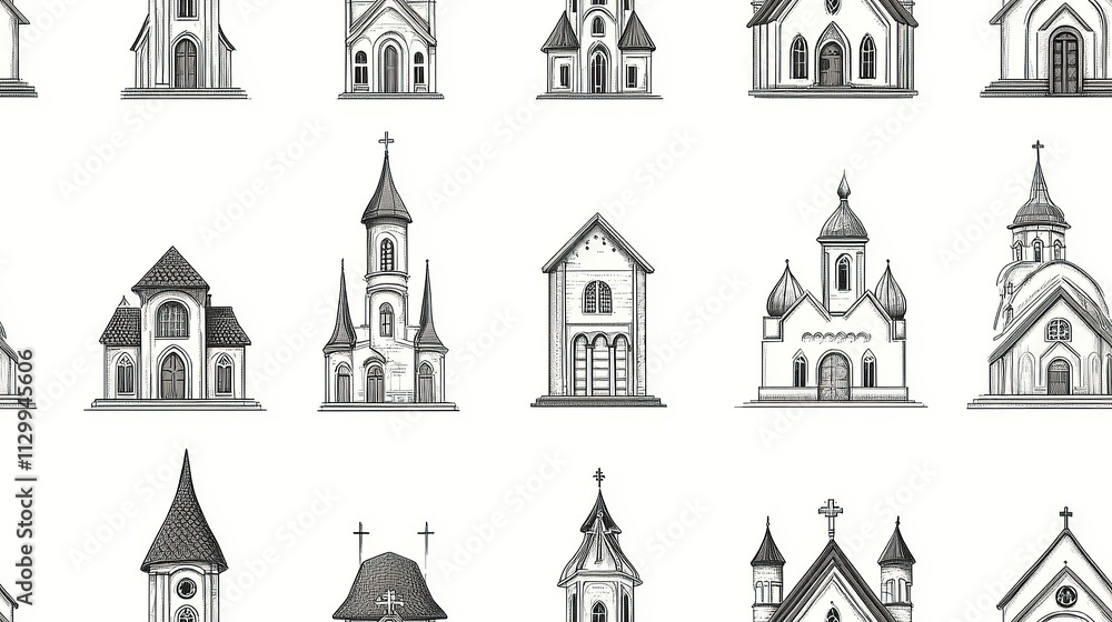 various kind of chruch icon line art with white background seamless pattern