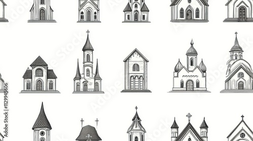 various kind of chruch icon line art with white background seamless pattern