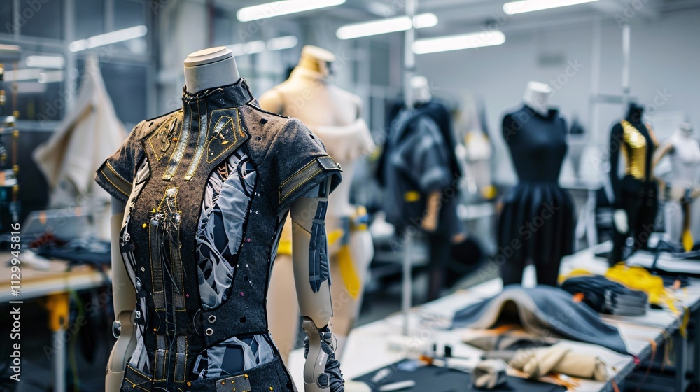 Fashionable clothing display with mannequin in clothing manufacturing studio Garment industry retail commerce fashion design and production setup Fashionable clothing display with mannequin in clothing manufacturing studio Garment industry retail commerce fashion design and production setup
