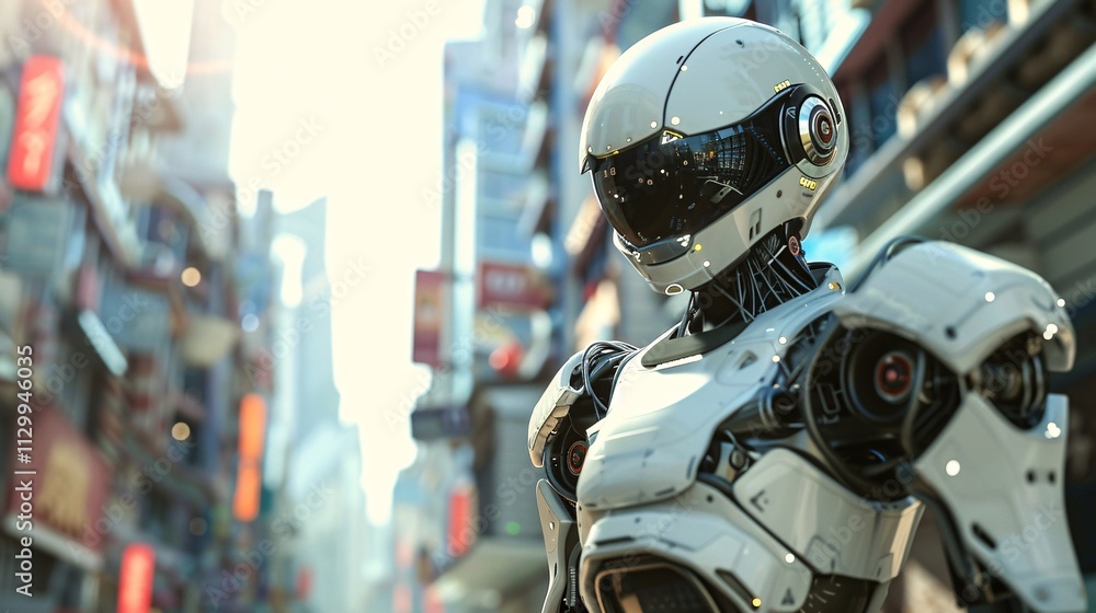 Futuristic Cyborg Robot Standing in the Backdrop of a Bustling Cityscape Representing Advancements in Intelligence and Automation Technology Futuristic Cyborg Robot Standing in the Backdrop of a Bustling Cityscape Representing Advancements in Intelligence and Automation Technology