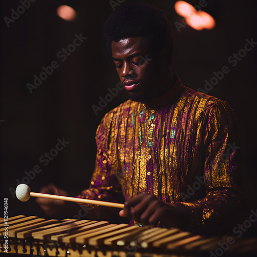 A Passionate Xylophonist Preparing for a Captivating Performance Under the Spotlight, Ready to Enchant the Audience with Melodious Rhythms photo