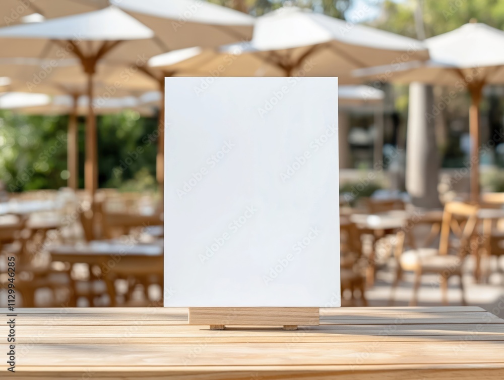 Blank menu board stands on wooden table in restaurant patio. Outdoor setting with blurred background. White paper sign ready for custom design. Cafe scene in focus. Customers in view. Ideal for Blank menu board stands on wooden table in restaurant patio. Outdoor setting with blurred background. White paper sign ready for custom design. Cafe scene in focus. Customers in view. Ideal for