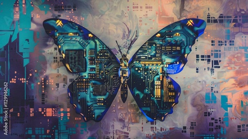 Futuristic Butterfly in Neon Cityscape Digital Art   Colorful abstract and tech inspired of a bionic butterfly against a backdrop of a glowing futuristic city skyline photo