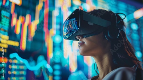 Young woman wearing virtual reality headset immersed in an advanced digital simulation exploring a futuristic interactive and captivating cyberspace environment
