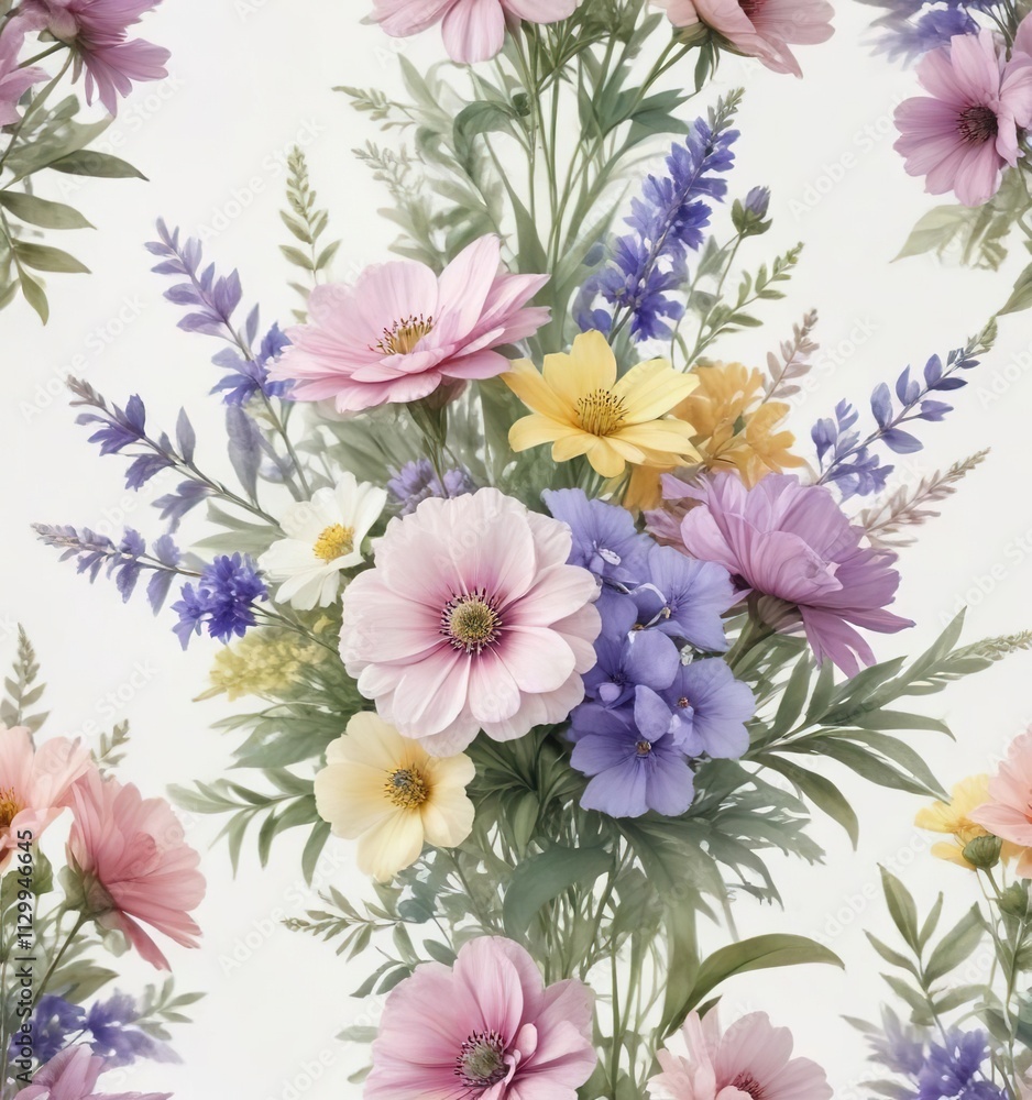 Obraz premium Soft pastel hues of a watercolor wild flower bouquet on a white background, artistic, elegant, delicate, pastel colors