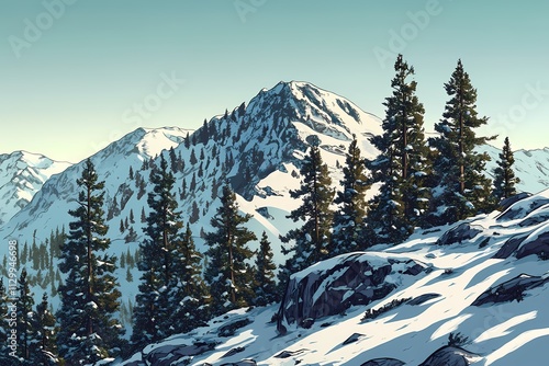 Serene Winter Mountain Landscape: A breathtaking view of snow-capped peaks and evergreen trees under a clear sky, evoking tranquility and the beauty of nature's winter wonderland. photo