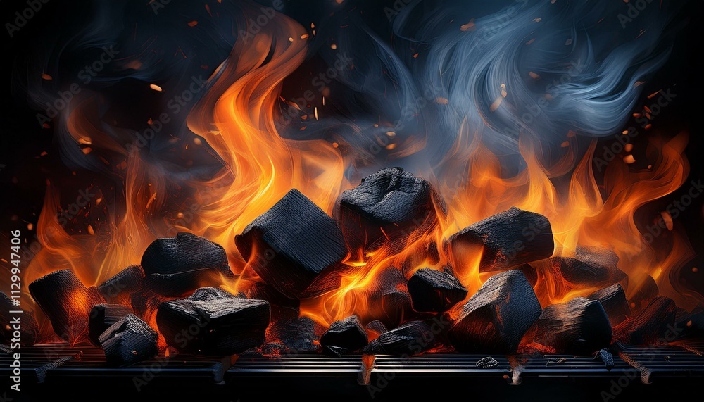 Charcoal For Barbecue Background With Flames - Fire In Fireplace Charcoal For Barbecue Background With Flames - Fire In Fireplace