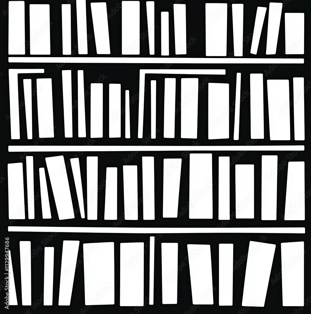 This artwork features a black and white silhouette of a bookshelf, highlighted by minimalist stroke lines for an abstract and modern appearance ideal for decor This artwork features a black and white silhouette of a bookshelf, highlighted by minimalist stroke lines for an abstract and modern appearance ideal for decor