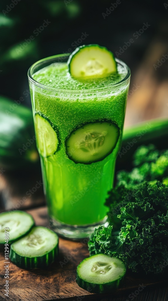 A refreshing green smoothie in a glass, garnished with cucumber slices, surrounded by fresh ingredients. A refreshing green smoothie in a glass, garnished with cucumber slices, surrounded by fresh ingredients.