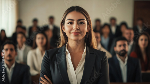 Mexican young business woman in front of a group