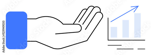 Outstretched hand alongside a bar graph with upward arrow. Ideal for business development, financial growth, investment opportunities, support services, corporate success, economic forecasting