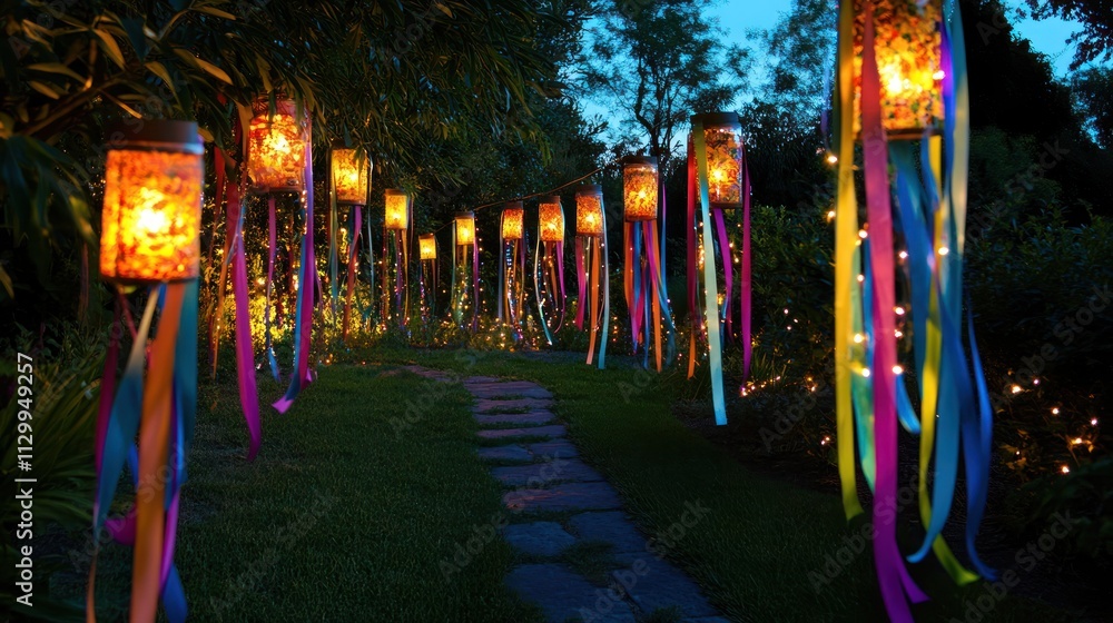 Obraz premium Outdoor festive decorations with glowing lanterns, colorful ribbons, and whimsical lights creating a magical ambiance