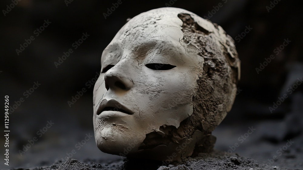 A cracked clay sculpture of a human head emerges from a dark, mysterious background, evoking feelings of decay and impermanence. The detailed texture and expressive features make it a powerful A cracked clay sculpture of a human head emerges from a dark, mysterious background, evoking feelings of decay and impermanence. The detailed texture and expressive features make it a powerful