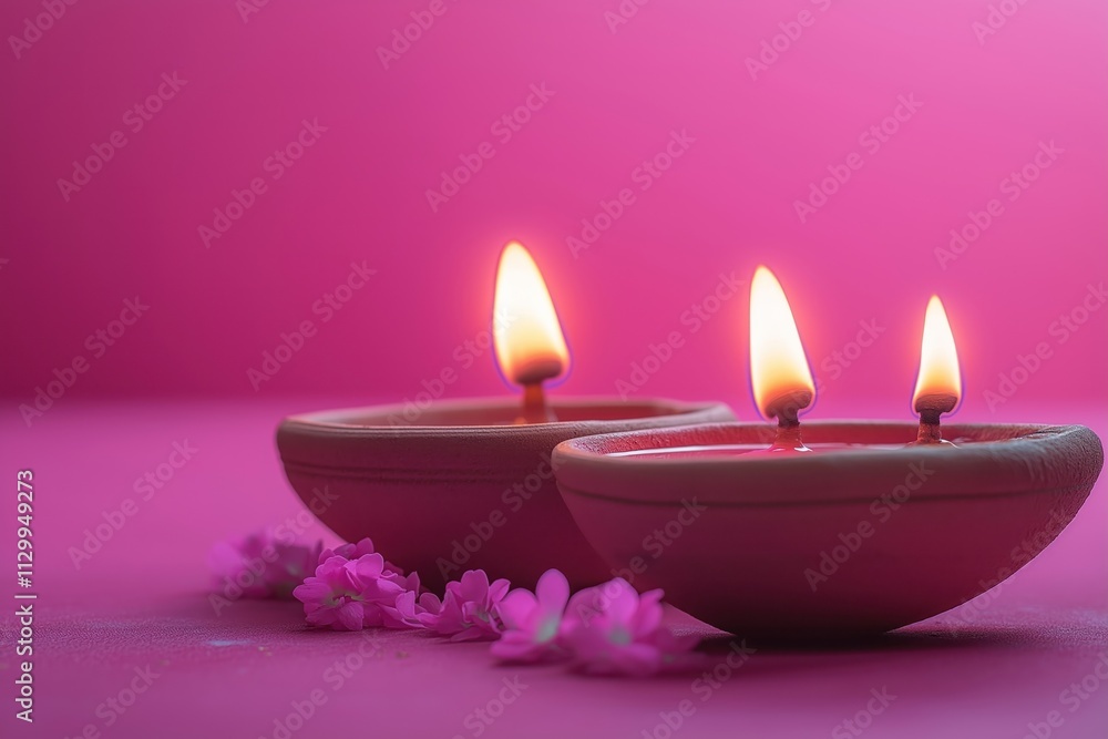 Diwali oil lamps lit on pink background. Festive diyas create warm glow. Small pink flowers decorate scene. Diwali celebration concept. Peaceful, decorative composition. Hindu festival of lights. Diwali oil lamps lit on pink background. Festive diyas create warm glow. Small pink flowers decorate scene. Diwali celebration concept. Peaceful, decorative composition. Hindu festival of lights.