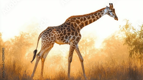 Giraffe Walking Gracefully in Vibrant Savannah Landscape with Dappled Sunlight