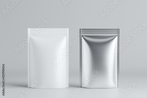 Blank stand up pouch bags in white, shiny silver colors. Mockup design template for creative packaging design. Realistic representation of plastic pouch with ziplock. Gray background shows product photo