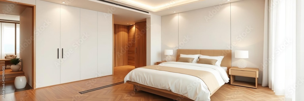 Modern bedroom with a sleek double bed, minimalist Japanese decor, and elegant parquet flooring, parquet, concept Modern bedroom with a sleek double bed, minimalist Japanese decor, and elegant parquet flooring, parquet, concept