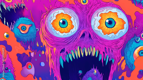 Technicolor dreamscape of cartoon psychedelia, electric purple backdrop pulsates with omnipresent eyes, acid-trip aesthetics push visual boundaries. Omnipresent. Illustration photo