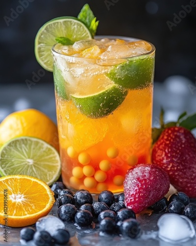 A refreshing cocktail with fruits and ice, perfect for summer enjoyment.