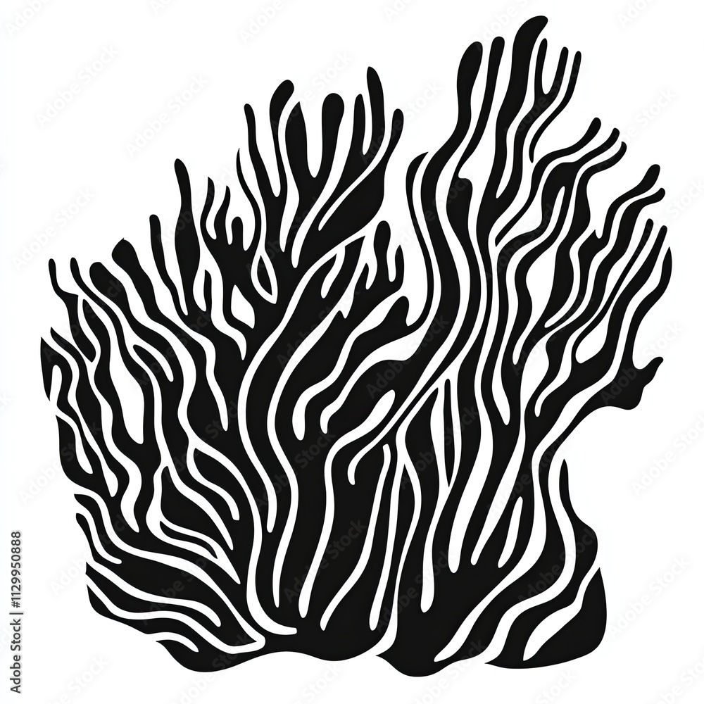 This artwork features a black and white silhouette of a coral reef, designed with minimalist stroke lines to create an abstract appearance, highlighting natural beauty This artwork features a black and white silhouette of a coral reef, designed with minimalist stroke lines to create an abstract appearance, highlighting natural beauty