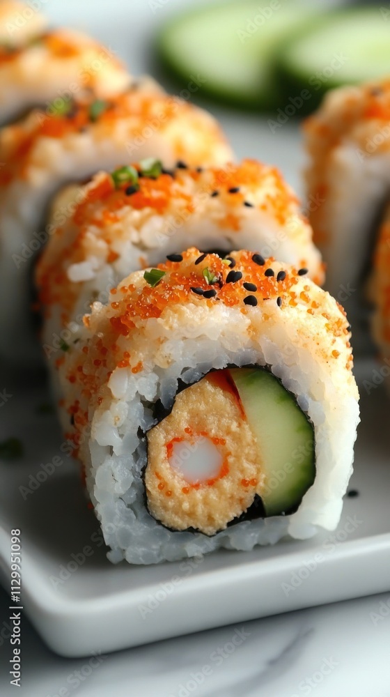 A close-up of sushi rolls with vibrant toppings and fillings on a plate. A close-up of sushi rolls with vibrant toppings and fillings on a plate.