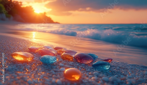 Colorful Glass Pebbles on a Vibrant Beach at Sunset