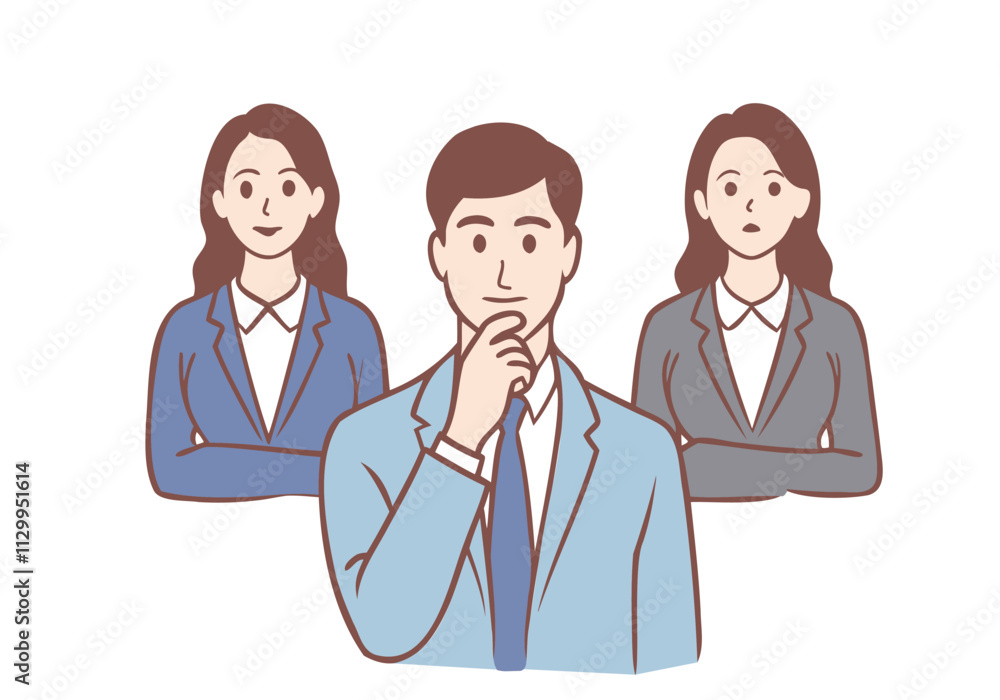 Young men and women, businessmen make an important decision for the company. Hand drawn style vector design illustrations.
Young men and women, businessmen make an important decision for the company. Hand drawn style vector design illustrations.