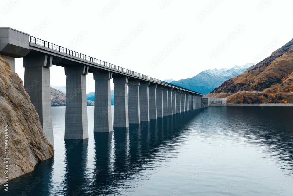 Breathtaking View of a Modern Concrete Bridge Stretching Across a Calm Lake Surrounded by Mountains Under a Clear Sky Breathtaking View of a Modern Concrete Bridge Stretching Across a Calm Lake Surrounded by Mountains Under a Clear Sky
