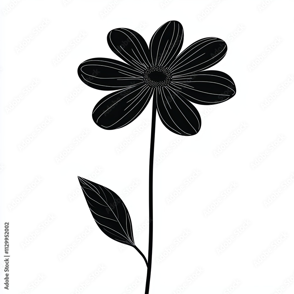 This design features a black and white silhouette of a daisy, using minimalist stroke lines to create an elegant and abstract representation of the flower This design features a black and white silhouette of a daisy, using minimalist stroke lines to create an elegant and abstract representation of the flower