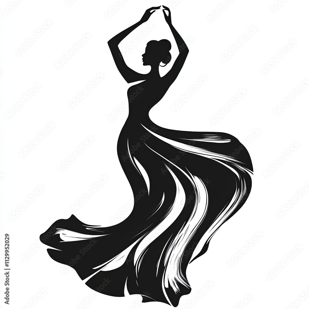 Minimalist silhouette showcases a dancing figure with flowing lines, reflecting elegance and artistry while representing the beauty of movement in design