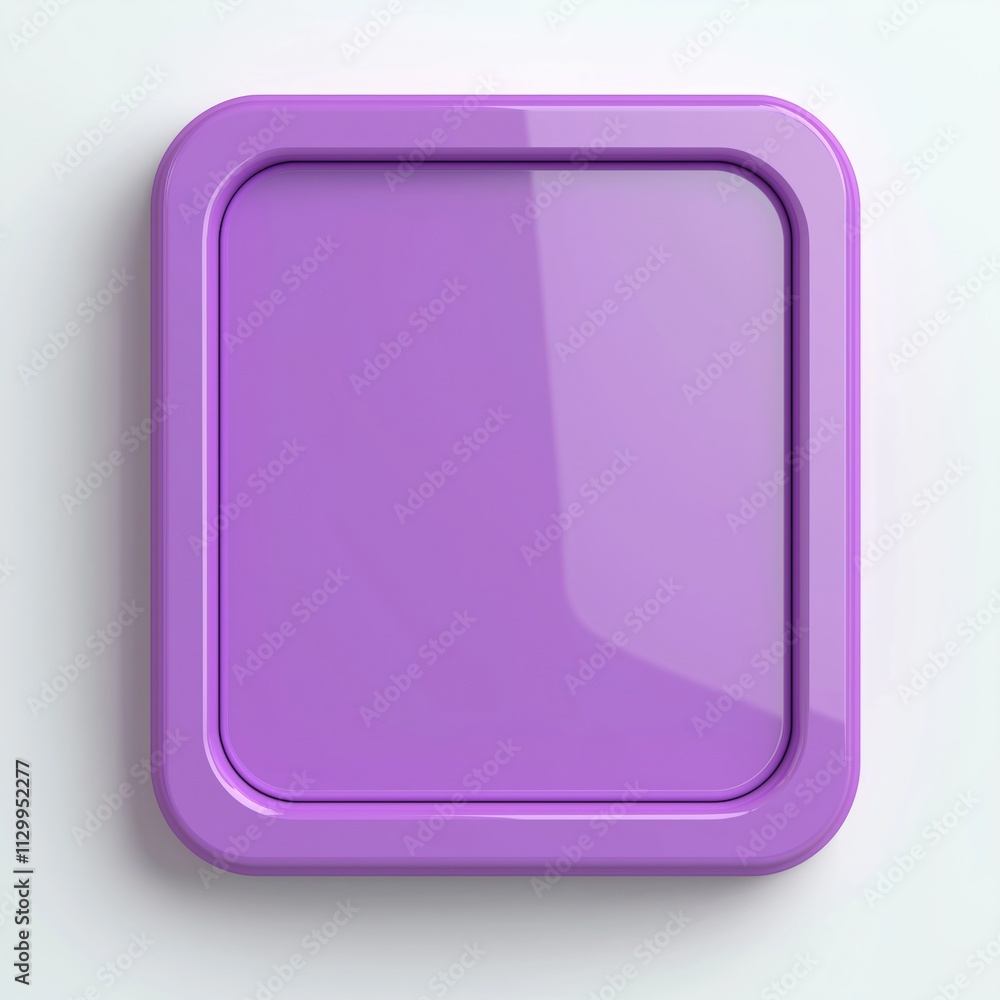 Blank purple square button with round corners. Modern tech design. Mobile app interface element. 3d rendering on white background. Empty space for design. Versatile for uiux, app design, web design