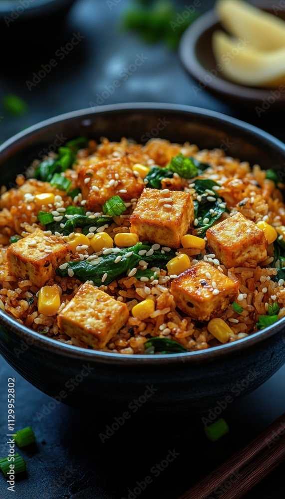 A bowl of fried rice with tofu, corn, and greens, garnished with sesame seeds and green onions. A bowl of fried rice with tofu, corn, and greens, garnished with sesame seeds and green onions.
