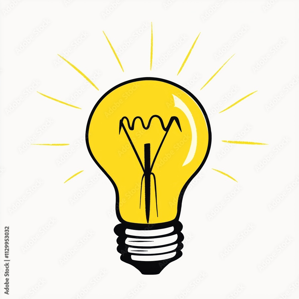 Simple cartoon light bulb glows bright yellow. Idea concept. Simple illustration. Lightbulb creative insight. Yellow lightbulb highlights innovation. Lightbulb image suitable for tech, eco themes. Simple cartoon light bulb glows bright yellow. Idea concept. Simple illustration. Lightbulb creative insight. Yellow lightbulb highlights innovation. Lightbulb image suitable for tech, eco themes.