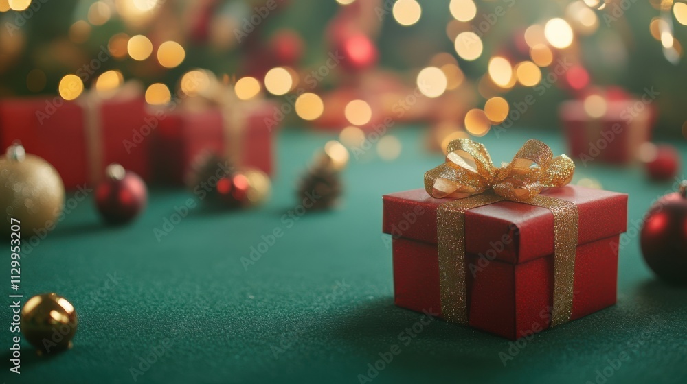 close up of Christmas themed red gifts boxes with golden ribbons on green solid backdrop table, blurred litter and bokeh cinematic particles background with Christmas themed decors and string close up of Christmas themed red gifts boxes with golden ribbons on green solid backdrop table, blurred litter and bokeh cinematic particles background with Christmas themed decors and string