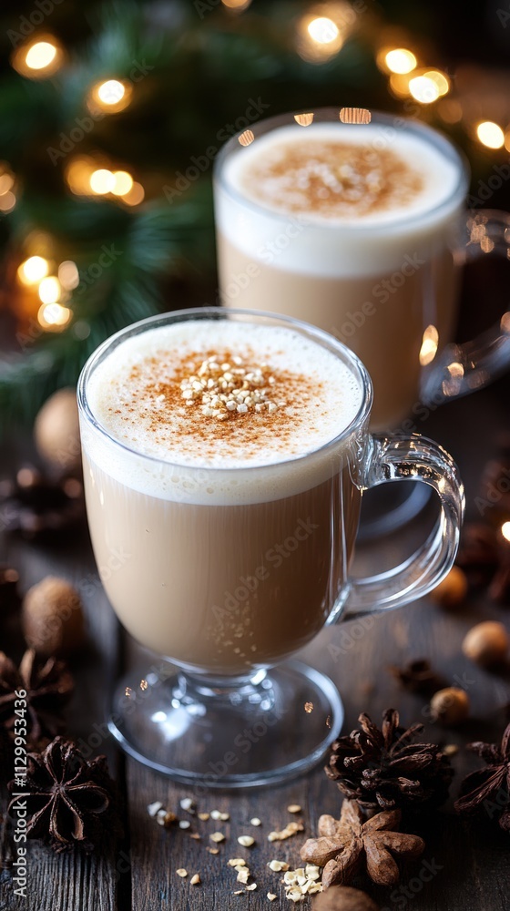 Two mugs of creamy coffee topped with spices, surrounded by festive decorations and nuts. Two mugs of creamy coffee topped with spices, surrounded by festive decorations and nuts.