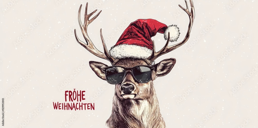 Fototapeta premium A cute, cool deer with sunglasses and a Santa hat, text 