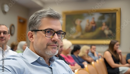 Focused Audience During Formal Meeting in Conference Room With Artwork