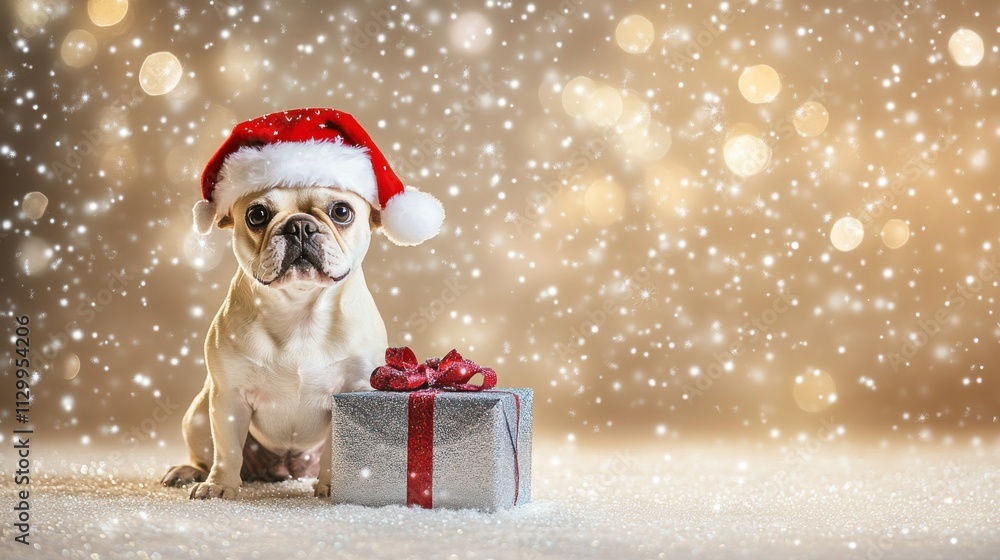 French Bulldog in a red Santa hat, sitting beside a silver and blue gift box, on a cream-colored table, surrounded by softly falling snowflakes and blurred holiday decorations, Christmas background French Bulldog in a red Santa hat, sitting beside a silver and blue gift box, on a cream-colored table, surrounded by softly falling snowflakes and blurred holiday decorations, Christmas background