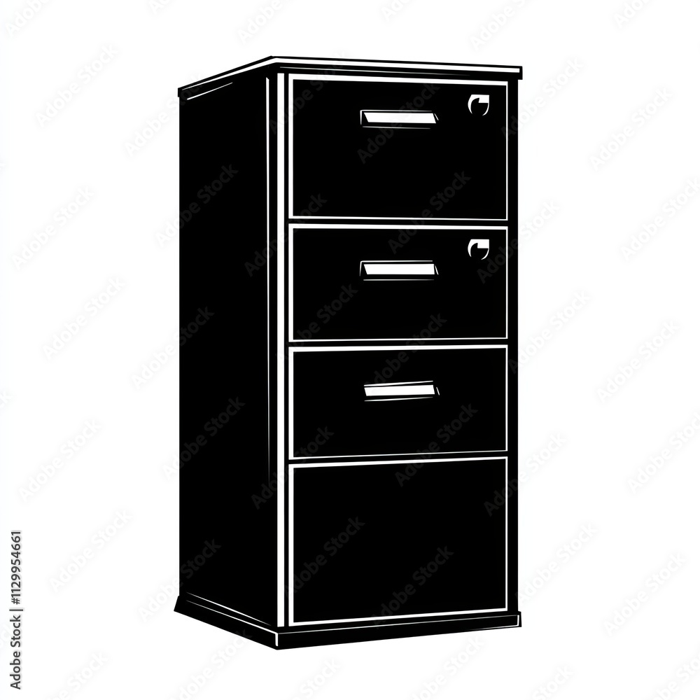This black and white silhouette illustrates a contemporary filing cabinet with three drawers, created using minimalist stroke lines for an abstract appearance This black and white silhouette illustrates a contemporary filing cabinet with three drawers, created using minimalist stroke lines for an abstract appearance