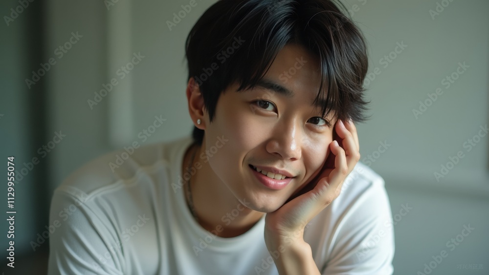 Young Man With Charming Smile Enjoying a Relaxed Moment in a Cozy, Sunlit Interior Young Man With Charming Smile Enjoying a Relaxed Moment in a Cozy, Sunlit Interior