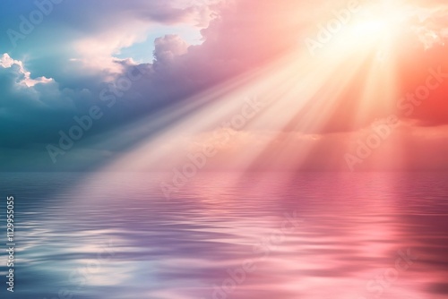 Serene Ocean View with Rays of Light Piercing Through Clouds