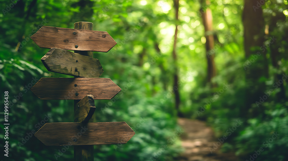A weathered wooden signpost with multiple arrows stands in a lush, green forest path, inviting exploration and adventure in nature's tranquility. A weathered wooden signpost with multiple arrows stands in a lush, green forest path, inviting exploration and adventure in nature's tranquility.
