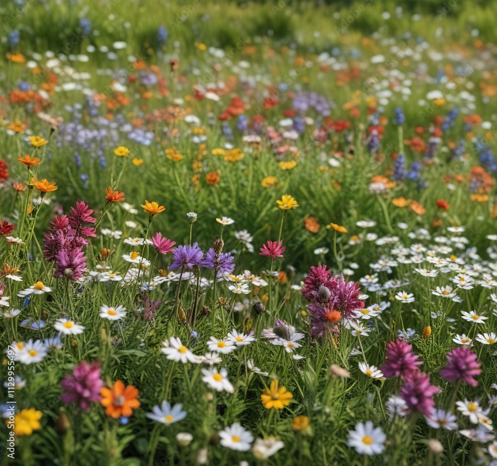 Obraz premium Vibrant colors of blooming wildflowers in a meadow, beauty, spring, wildflowers, nature