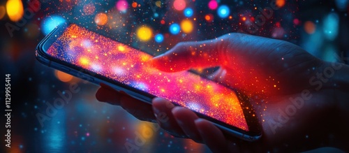 Hand Holding Smartphone with Social Media Icons in Neon Lights Background