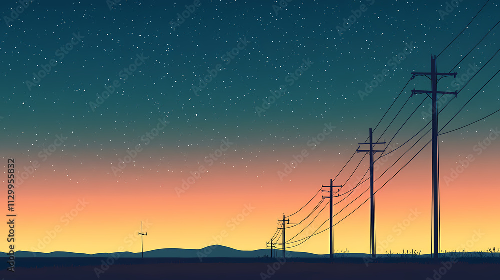 Obraz premium Silhouetted power lines against a starry sky showcasing the ubiquitous presence of electrical infrastructure in modern landscapes. Omnipresent. Illustration