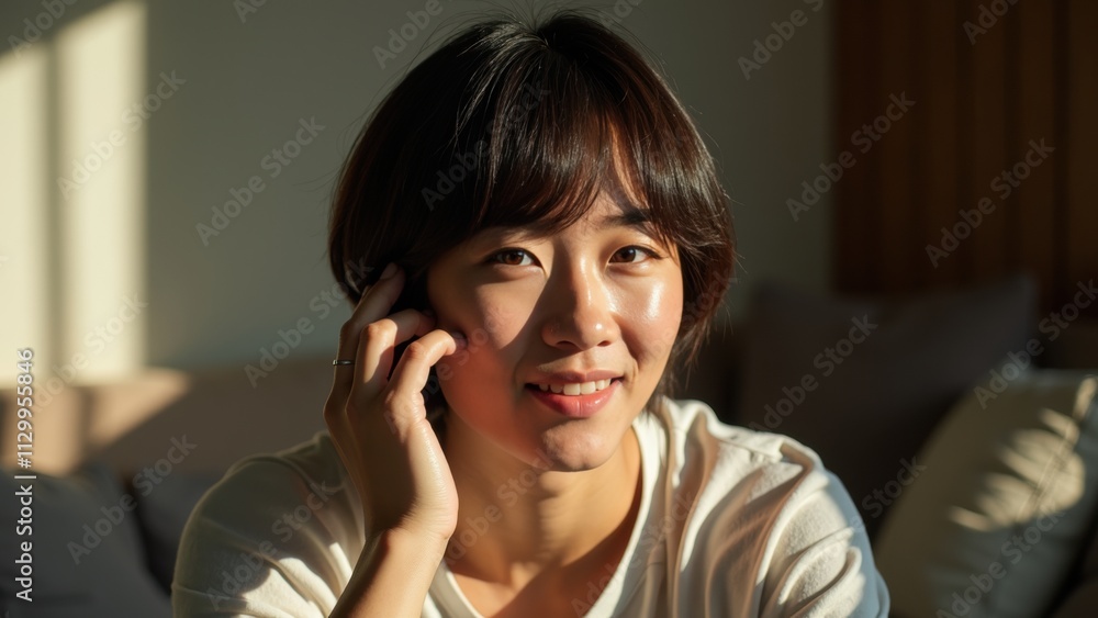 Bright Sunlight Illuminates a Woman's Warm Smile in a Cozy Indoor Setting During the Afternoon Hours Bright Sunlight Illuminates a Woman's Warm Smile in a Cozy Indoor Setting During the Afternoon Hours