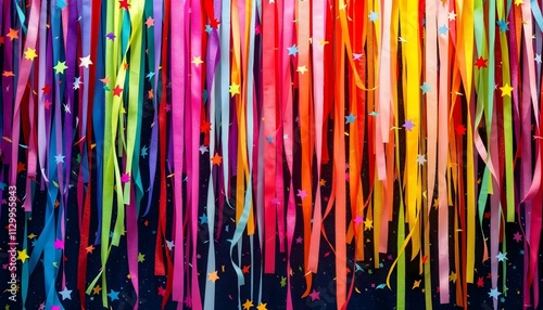 Rainbow streamer garland banner background confetti and balloons backdrop for party fun gay pride festivity celebration special occasion 